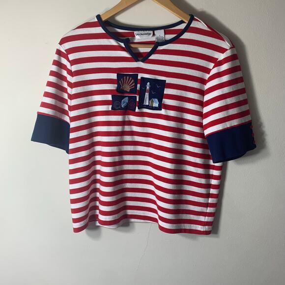 Nautical Red Striped Breckenridge V Neck T Shirt Navy Blue Trim Patches MEDIUM - Picture 5 of 11